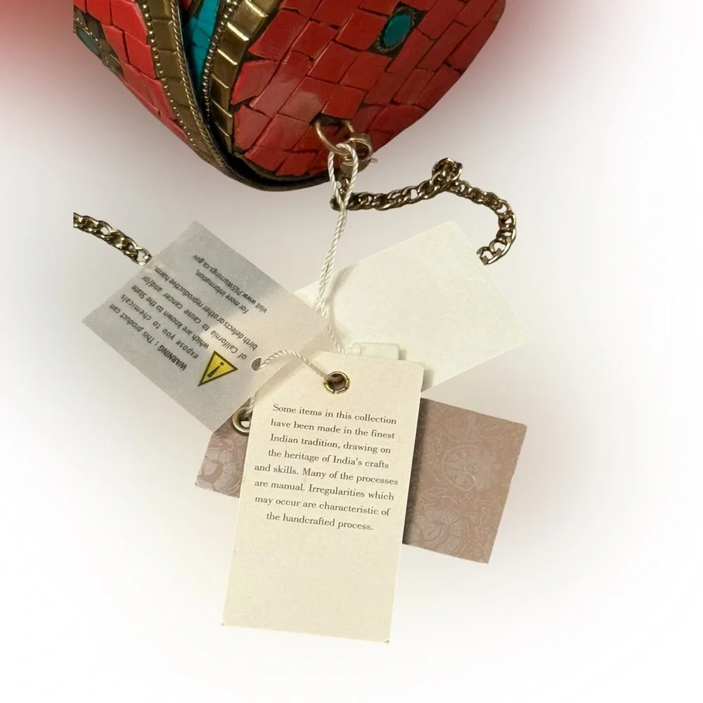 Antik Kraft Handcrafted Cylinder Shell Mosaic Clutch Coral and Turquoise NWT - Picture 10 of 10